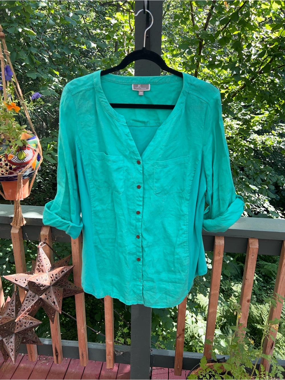 JM Collection Teal Button-Front Women's Shirt